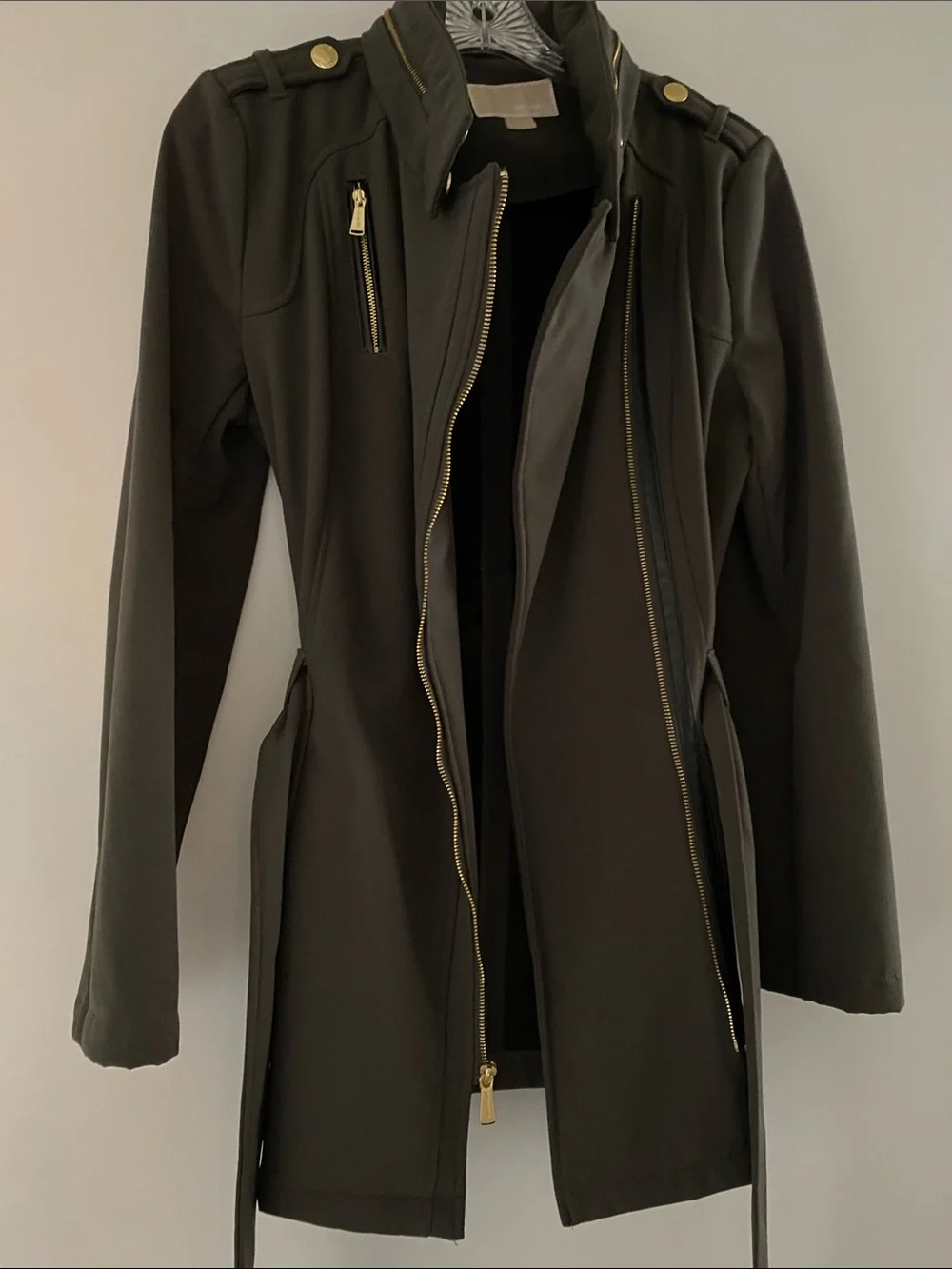 COPY MK Dark Olive Micro Fur Lined Coat Rain Resistant Stretch Hood Belt S